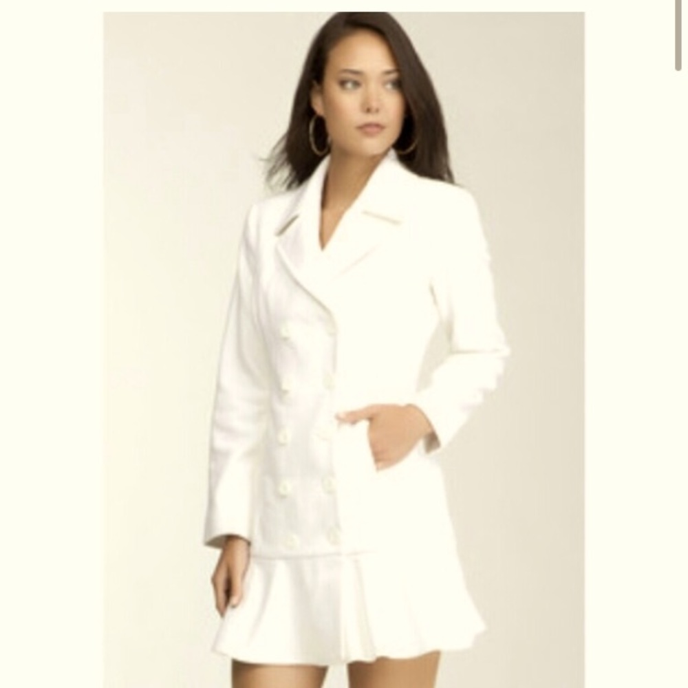 BEBE WOOL OFF WHITE RUFFLE BOTTOM DOUBLE BREASTED COAT